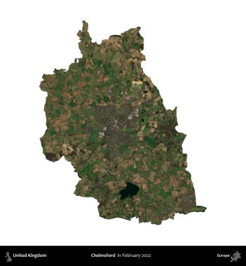 Chelmsford 'da. Birleşik Krallık 'ın idari alanı, Şubat 2022' de çekilen Kopernik Nöbetçi karolarından oluşan bir uydu görüntüsüyle beyaza izole edildi.