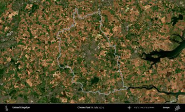 Chelmsford 'da. Temmuz 2024 'te çekilen Copernicus Sentinel karolarından oluşan bir uydu görüntüsü üzerinde Birleşik Krallık' ın idari bölgesinin ana hatlarını belirledik.