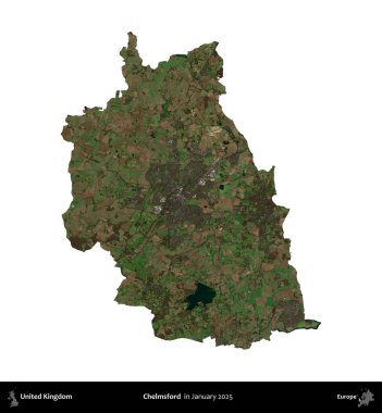 Chelmsford 'da. Birleşik Krallık 'ın idari alanı, Copernicus Sentinel' in Ocak 2025 'te çekilen uydu görüntüsüyle beyaza izole edilmiştir.