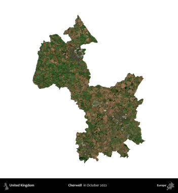 Cherwell. Birleşik Krallık 'ın idari alanı, Ekim 2022' de çekilen Kopernik Nöbetçi karolarından oluşan bir uydu görüntüsüyle beyaza izole edildi.