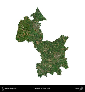 Cherwell. Birleşik Krallık 'ın idari alanı, Haziran 2023' te çekilen Kopernik Nöbetçi karolarından oluşan bir uydu görüntüsü üzerinde beyaza izole edilmiştir.