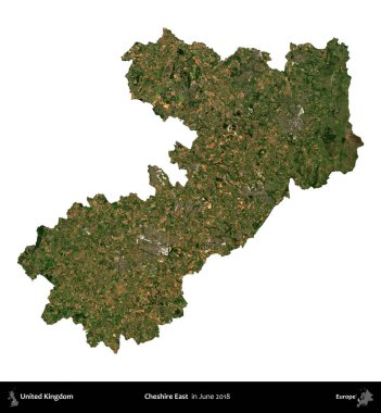 Doğu Cheshire. Birleşik Krallık 'ın idari alanı, Haziran 2018' de çekilen Kopernik Nöbetçi karolarından oluşan bir uydu görüntüsüyle beyaza izole edilmiştir.