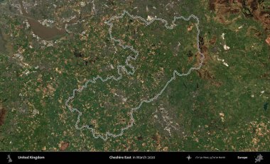 Doğu Cheshire. Mart 2020 'de çekilen Copernicus Sentinel karolarından oluşan bir uydu görüntüsü üzerinde Birleşik Krallık' ın idari bölgesinin ana hatlarını belirledik.