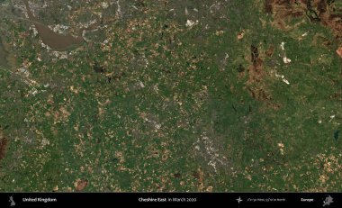 Doğu Cheshire. Mart 2020 'de Copernicus Sentinel karolarından oluşan bir uydu görüntüsü üzerinde Birleşik Krallık' ın idari alanı