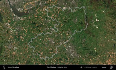 Doğu Cheshire. Ağustos 2022 'de çekilen Kopernik Nöbetçi karolarından oluşan bir uydu görüntüsü üzerinde Birleşik Krallık' ın idari bölgesinin ana hatlarını belirledik.