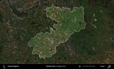 Doğu Cheshire. Birleşik Krallık 'ın idari alanı, Ağustos 2022' de çekilen Kopernik Nöbetçi karolarından oluşan koyu renkli bir uydu görüntüsü üzerinde vurgulandı ve özetlendi.