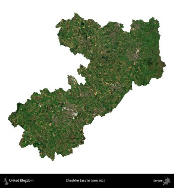 Doğu Cheshire. Birleşik Krallık 'ın idari alanı, Haziran 2023' te çekilen Kopernik Nöbetçi karolarından oluşan bir uydu görüntüsü üzerinde beyaza izole edilmiştir.