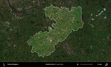 Doğu Cheshire. Birleşik Krallık 'ın idari alanı, Haziran 2023' te çekilen Kopernik Nöbetçi karolarından oluşan koyu renkli bir uydu görüntüsüyle vurgulanmış ve özetlenmiştir.