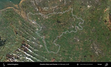 Cheshire West ve Chester. Şubat 2018 'de çekilen Kopernik Nöbetçi karolarından oluşan bir uydu görüntüsü üzerinde Birleşik Krallık' ın idari alanının ana hatlarını belirledik.