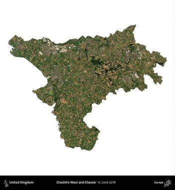 Cheshire West ve Chester. Birleşik Krallık 'ın idari alanı, Haziran 2018' de çekilen Kopernik Nöbetçi karolarından oluşan bir uydu görüntüsüyle beyaza izole edilmiştir.