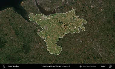 Cheshire West ve Chester. Birleşik Krallık 'ın idari alanı, Haziran 2018' de çekilen Kopernik Nöbetçi karolarından oluşan koyu renkli bir uydu görüntüsü üzerinde vurgulandı ve özetlendi.