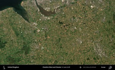 Cheshire West ve Chester. Haziran 2018 'de çekilen Kopernik Nöbetçi karolarından oluşan bir uydu görüntüsü üzerinde Birleşik Krallık' ın idari alanı