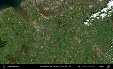 Cheshire West ve Chester. Eylül 2018 'de çekilen Kopernik Nöbetçi karolarından oluşan bir uydu görüntüsü üzerinde Birleşik Krallık' ın idari alanı