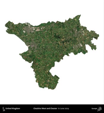 Cheshire West ve Chester. Birleşik Krallık 'ın idari alanı, Haziran 2024' te çekilen Kopernik Nöbetçi karolarından oluşan bir uydu görüntüsüyle beyaza izole edilmiştir.