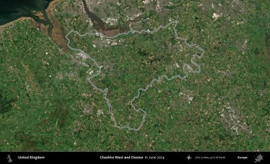 Cheshire West ve Chester. Haziran 2024 'te çekilen Kopernik Nöbetçi karolarından oluşan bir uydu görüntüsü üzerinde Birleşik Krallık' ın idari alanının ana hatlarını belirledik.