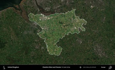 Cheshire West ve Chester. Birleşik Krallık 'ın idari alanı, Haziran 2024' te çekilen Kopernik Nöbetçi karolarından oluşan koyu renkli bir uydu görüntüsü üzerinde vurgulandı ve özetlendi.