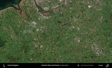 Cheshire West ve Chester. Haziran 2024 'te çekilen Kopernik Nöbetçi karolarından oluşan bir uydu görüntüsü üzerinde Birleşik Krallık' ın idari alanı