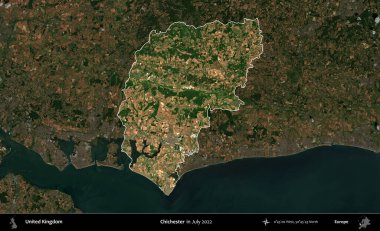 Chichester. Birleşik Krallık 'ın idari alanı, Temmuz 2022' de çekilen Kopernik Nöbetçi karolarından oluşan koyu renkli bir uydu görüntüsüyle vurgulanmış ve özetlenmiştir.