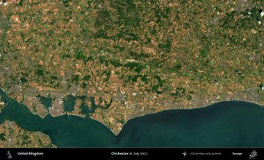 Chichester. Temmuz 2022 'de çekilen Kopernik Nöbetçi karolarından oluşan bir uydu görüntüsü üzerinde Birleşik Krallık' ın idari alanı