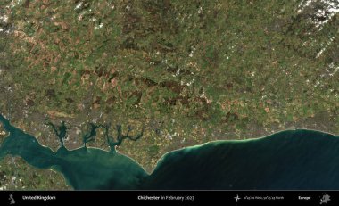 Chichester. Kopernik Sentinel 'in Şubat 2023' te çekilmiş uydu görüntüsü üzerine Birleşik Krallık 'ın idari bölgesi.