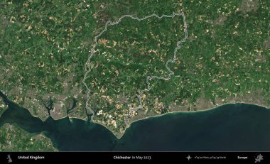 Chichester. Mayıs 2023 'te çekilen Copernicus Sentinel karolarından oluşan bir uydu görüntüsü üzerinde Birleşik Krallık' ın idari alanının ana hatlarını belirledik.