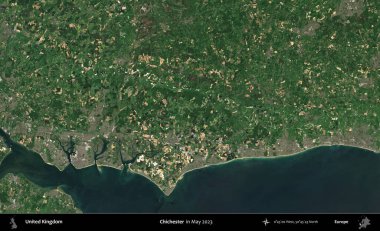 Chichester. Mayıs 2023 'te Copernicus Sentinel karolarından oluşan bir uydu görüntüsü üzerinde Birleşik Krallık' ın idari alanı