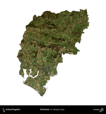 Chichester. Birleşik Krallık 'ın idari alanı, Copernicus Sentinel' in Ocak 2024 'te çekilen uydu görüntüsüyle beyaza izole edildi.