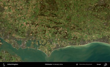 Chichester. Ocak 2024 'te Copernicus Sentinel karolarından oluşan bir uydu görüntüsü üzerinde Birleşik Krallık' ın idari alanı