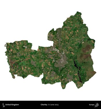 Chorley. Birleşik Krallık 'ın idari alanı, Haziran 2023' te çekilen Kopernik Nöbetçi karolarından oluşan bir uydu görüntüsü üzerinde beyaza izole edilmiştir.
