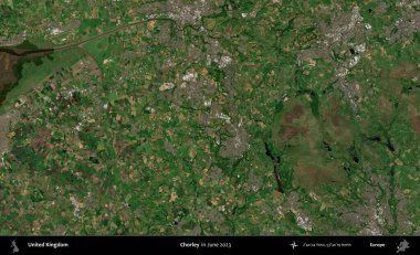 Chorley. Haziran 2023 'te çekilen Kopernik Nöbetçi karolarından oluşan bir uydu görüntüsü üzerinde Birleşik Krallık' ın idari alanı