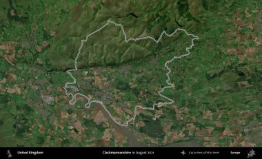 Clackmannanshire. Ağustos 2021 'de çekilen Kopernik Nöbetçi karolarından oluşan bir uydu görüntüsü üzerinde Birleşik Krallık' ın idari bölgesinin ana hatlarını belirledik.