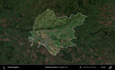 Clackmannanshire. Birleşik Krallık 'ın idari alanı, Ağustos 2021' de çekilen Kopernik Nöbetçi karolarından oluşan koyu renkli bir uydu görüntüsü üzerinde vurgulandı ve özetlendi.