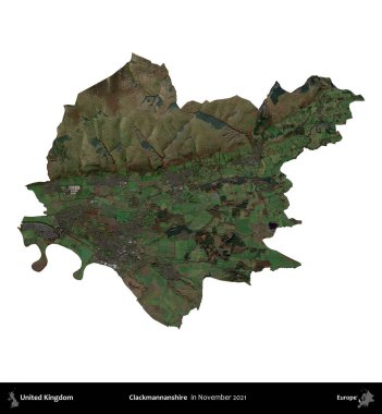 Clackmannanshire. Birleşik Krallık 'ın idari alanı, Kasım 2021' de çekilen Kopernik Nöbetçi karolarından oluşan bir uydu görüntüsü üzerinde beyaza izole edilmiştir.