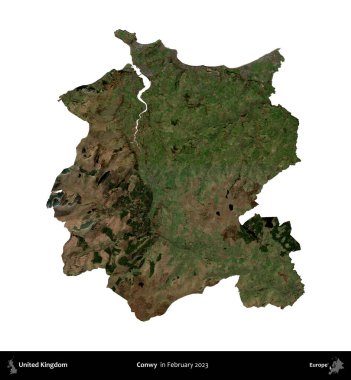 Conwy. Birleşik Krallık 'ın idari alanı, Şubat 2023' te çekilen Kopernik Nöbetçi karolarından oluşan bir uydu görüntüsü ile beyaza izole edilmiştir.