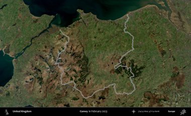 Conwy. Şubat 2023 'te çekilen Kopernik Nöbetçi karolarından oluşan bir uydu görüntüsü üzerinde Birleşik Krallık' ın idari bölgesinin ana hatlarını belirledik.