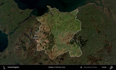 Conwy. Birleşik Krallık 'ın idari alanı, Şubat 2023' te çekilen Kopernik Nöbetçi karolarından oluşan koyu renkli bir uydu görüntüsü üzerinde vurgulandı ve özetlendi.