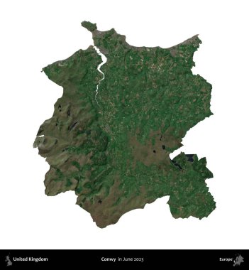 Conwy. Birleşik Krallık 'ın idari alanı, Haziran 2023' te çekilen Kopernik Nöbetçi karolarından oluşan bir uydu görüntüsü üzerinde beyaza izole edilmiştir.