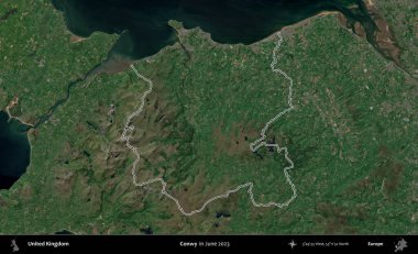 Conwy. Haziran 2023 'te çekilen Kopernik Nöbetçi karolarından oluşan bir uydu görüntüsü üzerinde Birleşik Krallık' ın idari alanının ana hatlarını belirledik.
