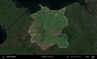 Conwy. Birleşik Krallık 'ın idari alanı, Haziran 2023' te çekilen Kopernik Nöbetçi karolarından oluşan koyu renkli bir uydu görüntüsüyle vurgulanmış ve özetlenmiştir.