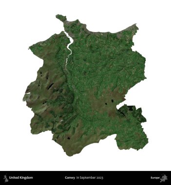 Conwy. Birleşik Krallık 'ın idari alanı, Eylül 2023' te çekilen Kopernik Nöbetçi karolarından oluşan bir uydu görüntüsü üzerinde beyaza izole edildi.