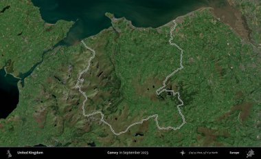 Conwy. Eylül 2023 'te çekilen Kopernik Nöbetçi karolarından oluşan bir uydu görüntüsü üzerinde Birleşik Krallık' ın idari bölgesinin ana hatlarını belirledik.