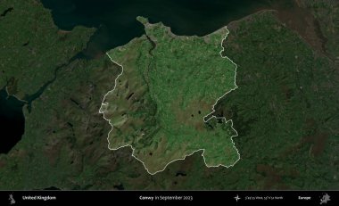 Conwy. Birleşik Krallık 'ın idari alanı, Eylül 2023' te çekilen Kopernik Nöbetçi karolarından oluşan koyu renkli bir uydu görüntüsü üzerinde vurgulandı ve özetlendi.