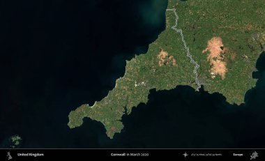 Cornwall 'da. Mart 2020 'de çekilen Copernicus Sentinel karolarından oluşan bir uydu görüntüsü üzerinde Birleşik Krallık' ın idari bölgesinin ana hatlarını belirledik.