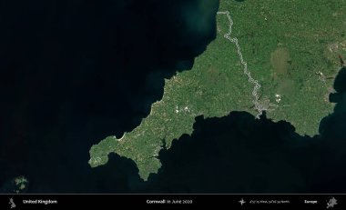 Cornwall 'da. Haziran 2020 'de çekilen Kopernik Nöbetçi karolarından oluşan bir uydu görüntüsü üzerinde Birleşik Krallık' ın idari alanının ana hatlarını belirledik.