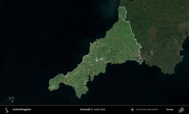 Cornwall 'da. Birleşik Krallık 'ın idari alanı, Haziran 2020' de çekilen Kopernik Nöbetçi karolarından oluşan koyu renkli bir uydu görüntüsü üzerinde vurgulandı ve özetlendi.