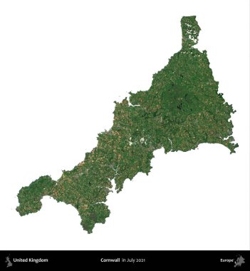 Cornwall 'da. Birleşik Krallık 'ın idari alanı, Temmuz 2021' de çekilen Kopernik Nöbetçi karolarından oluşan bir uydu görüntüsü ile beyaza izole edilmiştir.