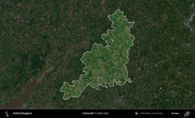 Cotswold. Birleşik Krallık 'ın idari alanı, Haziran 2023' te çekilen Kopernik Nöbetçi karolarından oluşan koyu renkli bir uydu görüntüsüyle vurgulanmış ve özetlenmiştir.