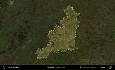 Cotswold. Birleşik Krallık 'ın idari alanı, Ocak 2024' te çekilen Kopernik Nöbetçi karolarından oluşan koyu renkli bir uydu görüntüsü üzerinde vurgulandı ve özetlendi.
