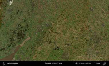 Cotswold. Ocak 2024 'te Copernicus Sentinel karolarından oluşan bir uydu görüntüsü üzerinde Birleşik Krallık' ın idari alanı