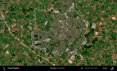 Coventry. Temmuz 2024 'te çekilen Copernicus Sentinel karolarından oluşan bir uydu görüntüsü üzerinde Birleşik Krallık' ın idari bölgesinin ana hatlarını belirledik.